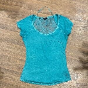 Guess Turquoise Lace-Back Short Sleeve Top